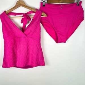 Lands End Womens Prism Pink Texture Halter Tankini Top Bottoms Swimsuit Set L